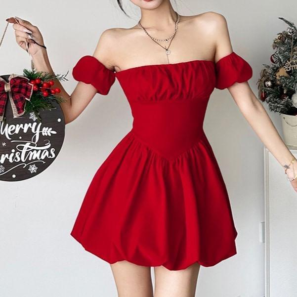 Short-Sleeve Off Shoulder Plain Mini A-Line Dress Product Image