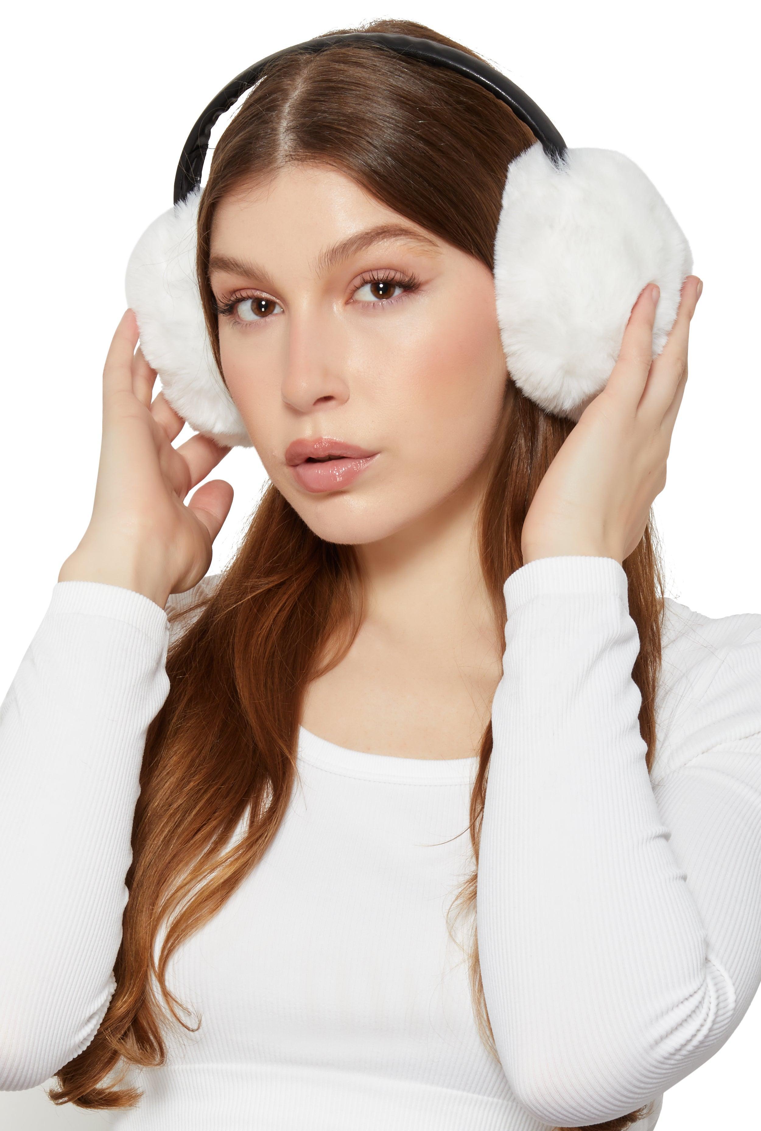 Womens Faux Leather Band Faux Fur Earmuffs Product Image