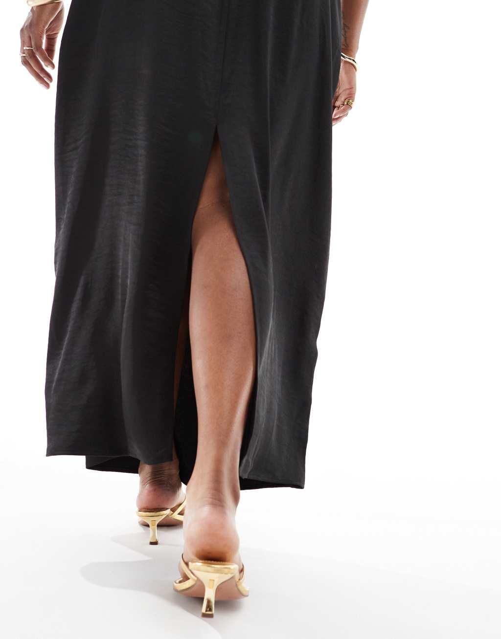 4th & Reckless Plus Exclusive satin back slit maxi skirt in black Product Image