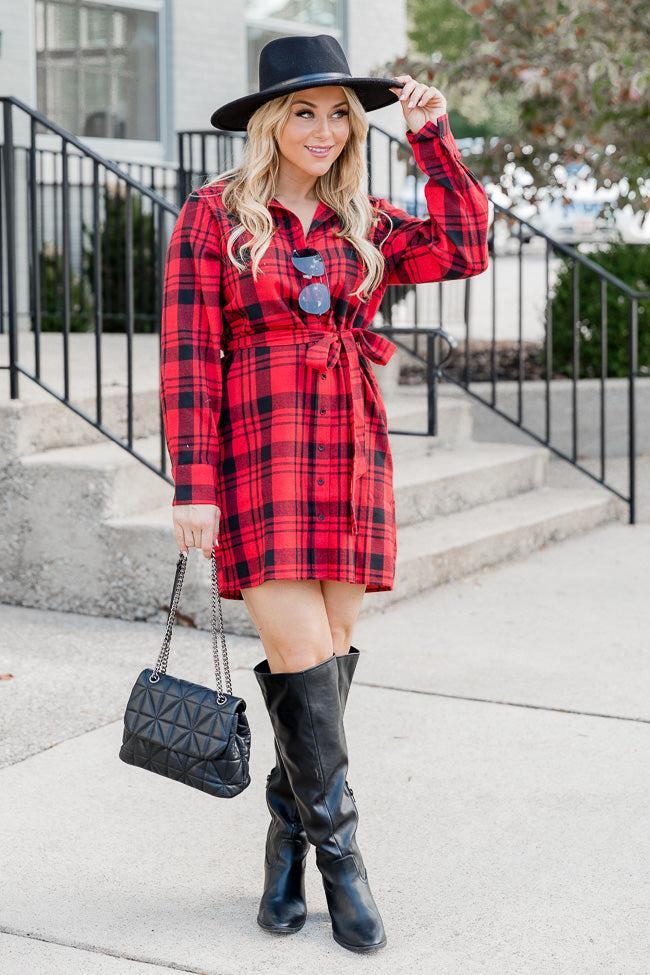 So Plaid You're Mine Red and Black Plaid Collared Button Up Belted Mini Dress FINAL SALE Product Image