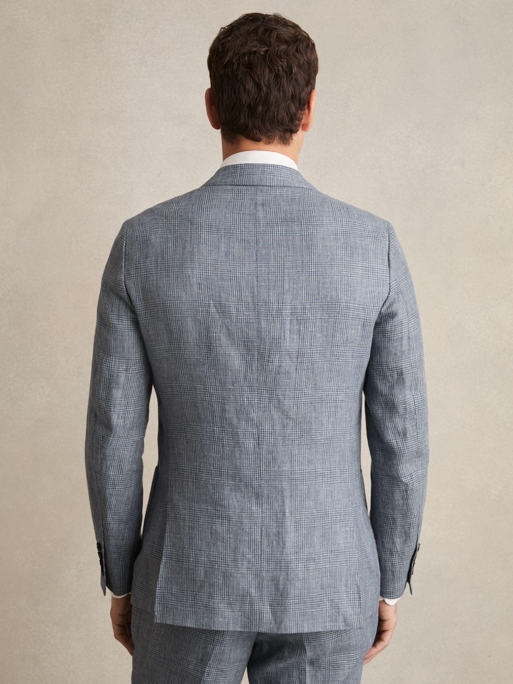Slim Fit Single Breasted Linen Check Suit Blazer in Soft Blue Product Image