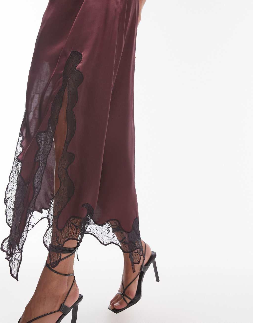 Topshop satin and lace maxi skirt burgundy with black lace Product Image