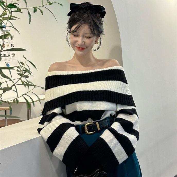 Off-Shoulder Striped Sweater Product Image