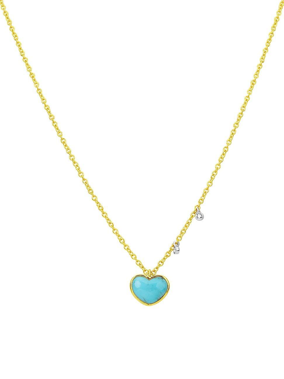 Womens 14K Yellow Gold, .04 TCW Diamond & Turquoise Heart Necklace Product Image