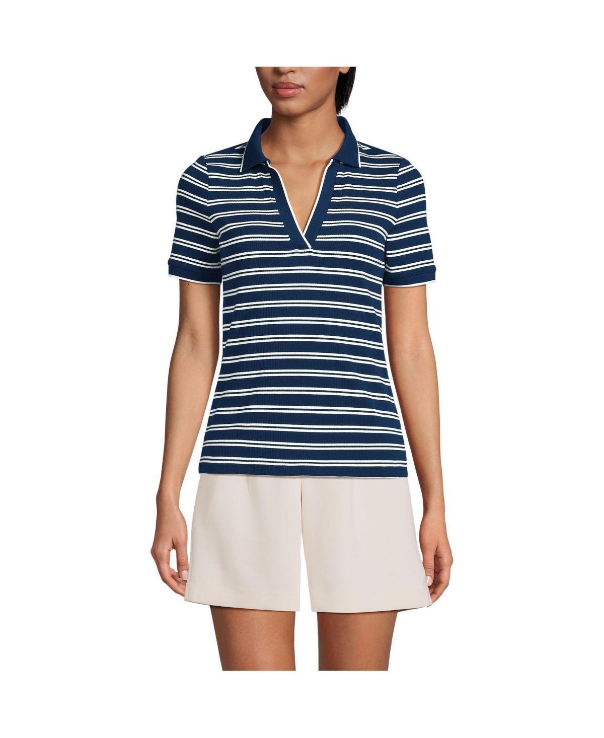 Womens Lands End V-Neck Short Sleeve Polo Blue Dual Stripe Product Image