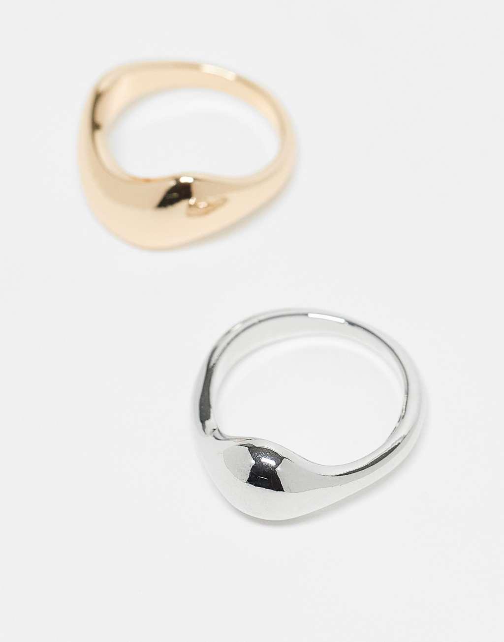 ASOS DESIGN pack of 2 rings with molten mixed metal detail in multi Product Image