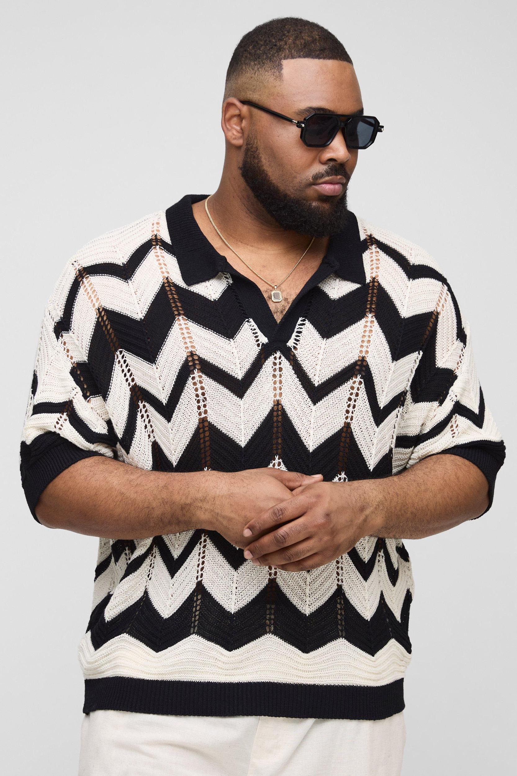 Plus Boxy Oversized Abstract Open Knit Polo | boohooMAN USA Product Image