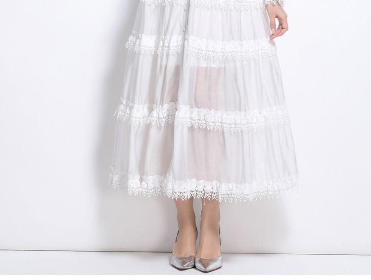 Long Sleeve Band Collar Plain Tiered Button Panel Lace Maxi A-Line Dress Product Image