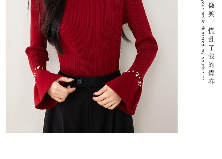 Long-Sleeve Boatneck Beaded Plain Knit Top Product Image