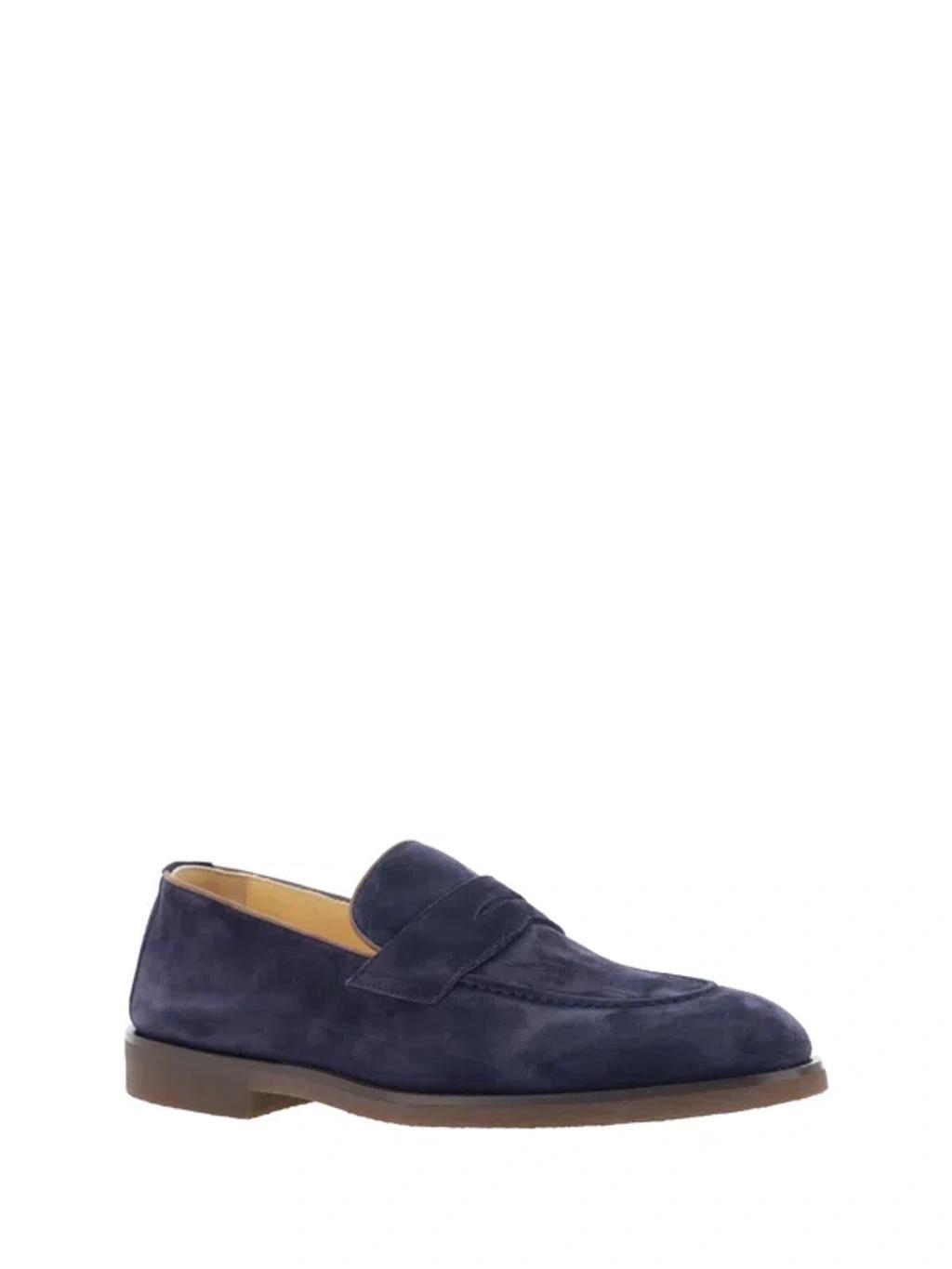 BRUNELLO CUCINELLI Dark Blue Suede Leather Loafers Product Image