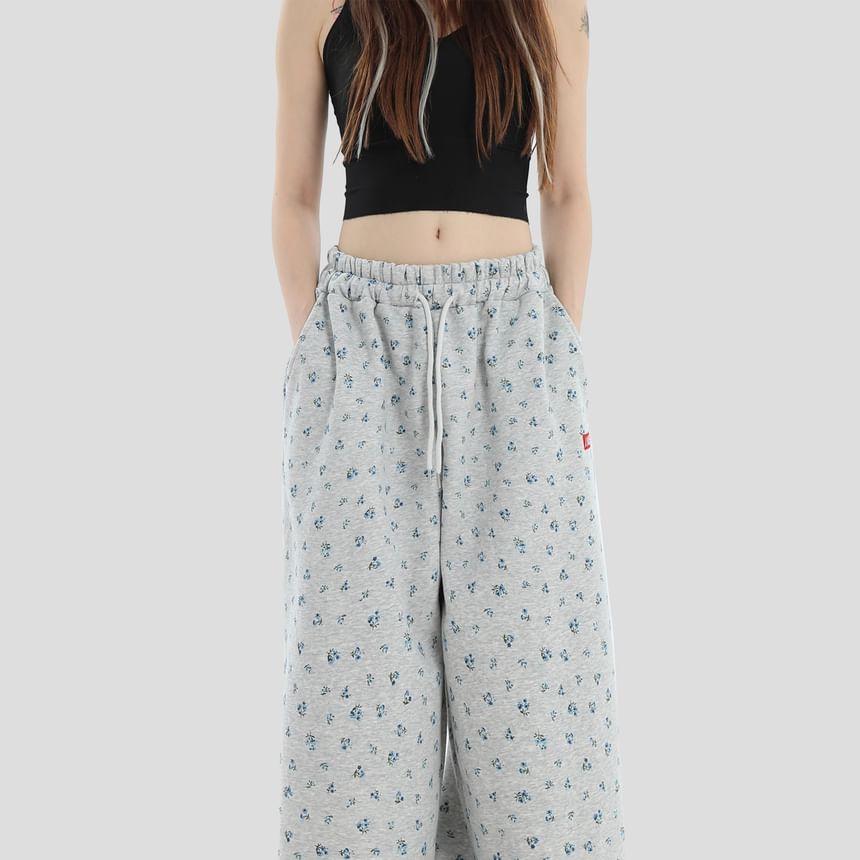 Drawstring Waist Floral Print Wide Leg Sweatpants Product Image