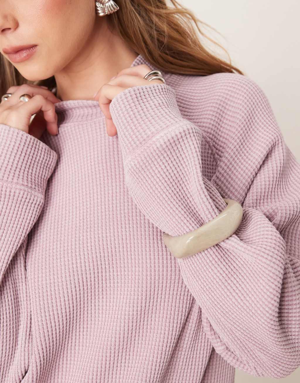 ASOS DESIGN raglan high neck long sleeve top in waffle in washed mauve Product Image