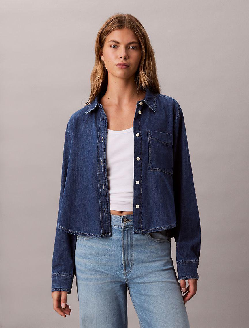 Denim Cropped Relaxed Button-Down Shirt Product Image