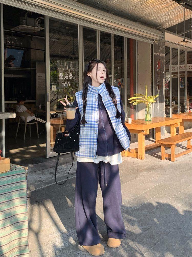 Stand Collar Plain Fleece Zip Jacket / Plaid Padded Button Vest / Drawstring Waist Wide Leg Sweatpants Product Image