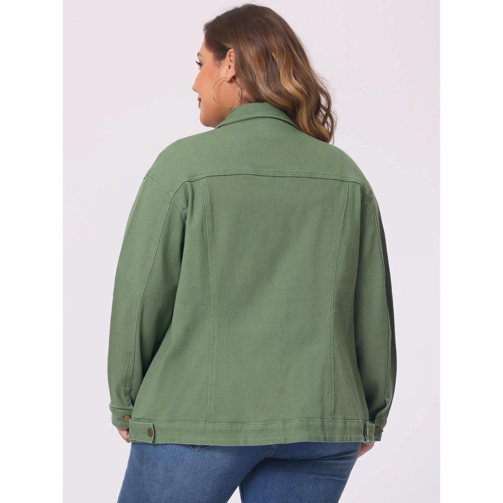 Agnes Orinda Women's Plus Size Button Front Chest Pockets Washed Casual Jean Jackets Green 1X Product Image