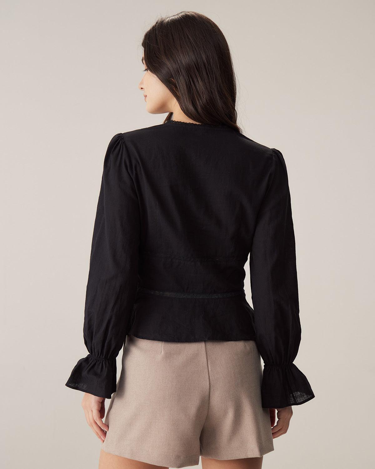 Black V-Neck Ruffle Blouse Product Image