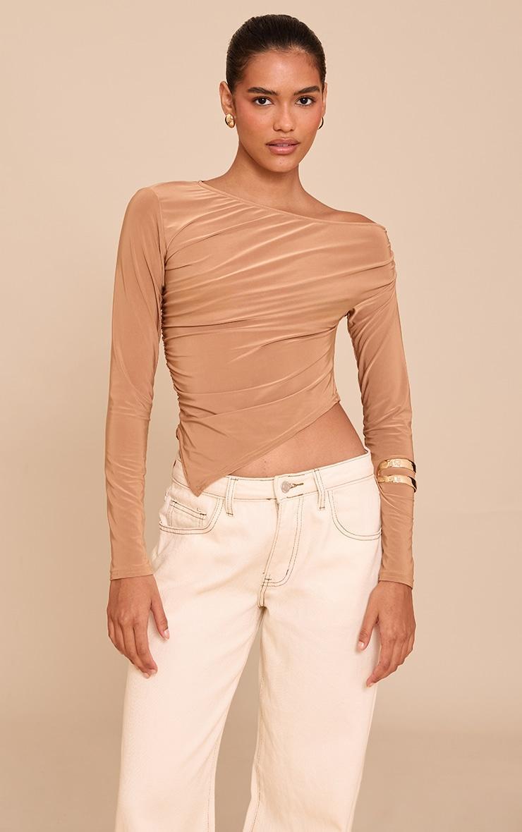 Tan Soft Touch Asymmetric Ruched Long Sleeve Top Product Image