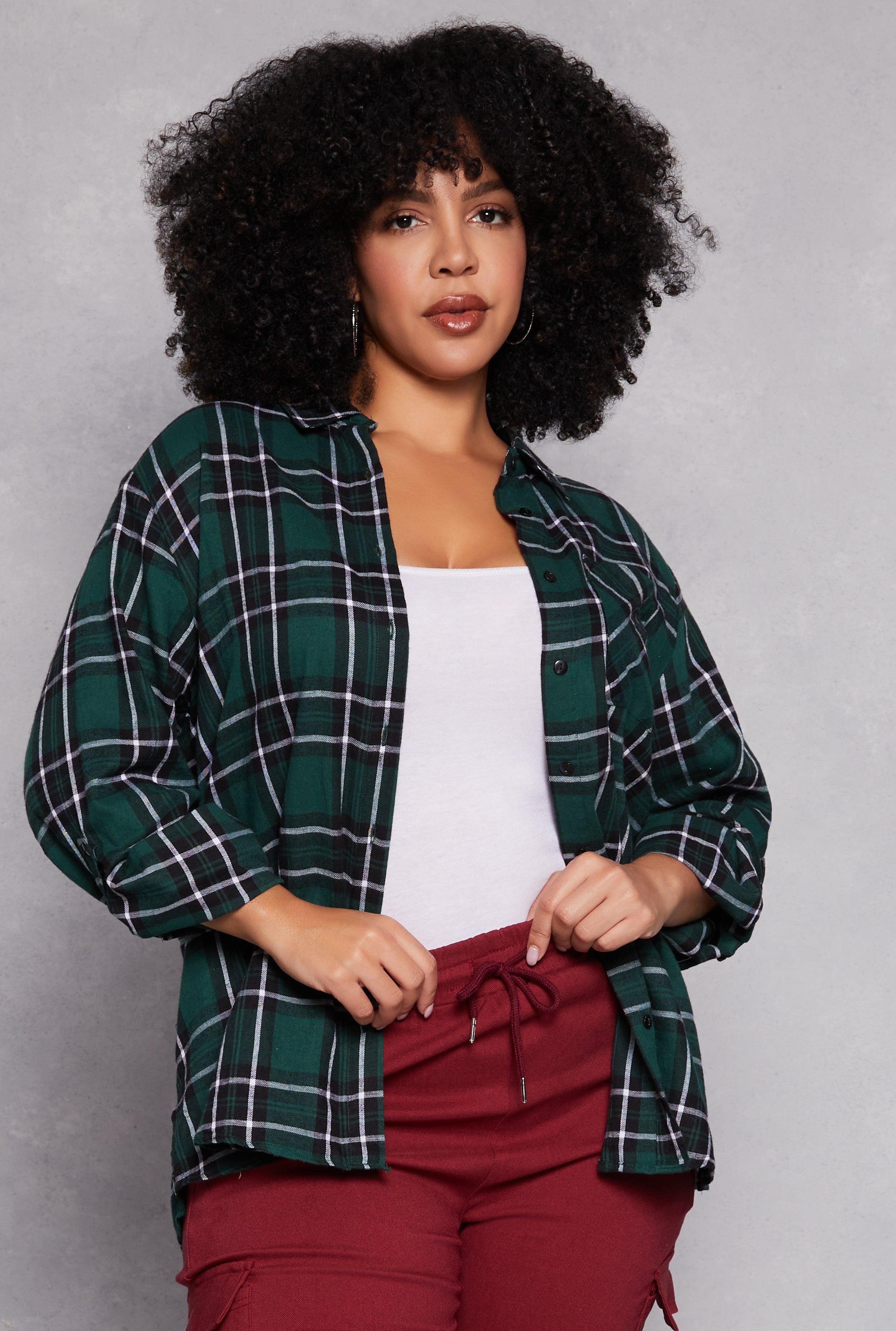 Womens Plus Size Lurex Plaid Tabbed Sleeve Shirt Product Image