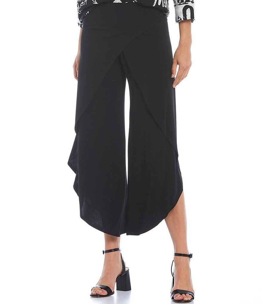 IC Collection Knit Jersey Side Wrap Angled Hem Wide Leg Pull-On Cropped Pants Product Image