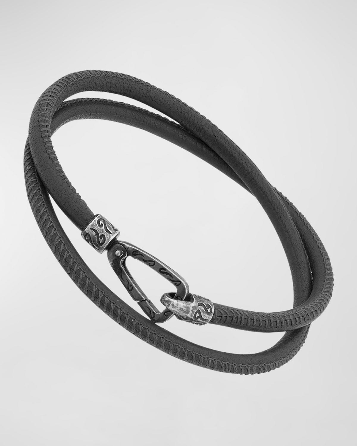 Mens Lash Double Wrap Smooth Leather Bracelet, Silver Product Image