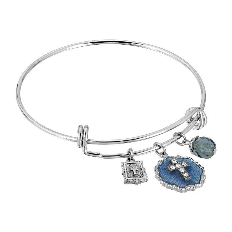 Symbols of Faith Blue Enamel Cross Wire Charm Bracelet, Womens Product Image