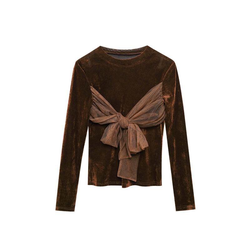 Long Sleeve Crew Neck Tie Front Bowknot Velvet Top Product Image