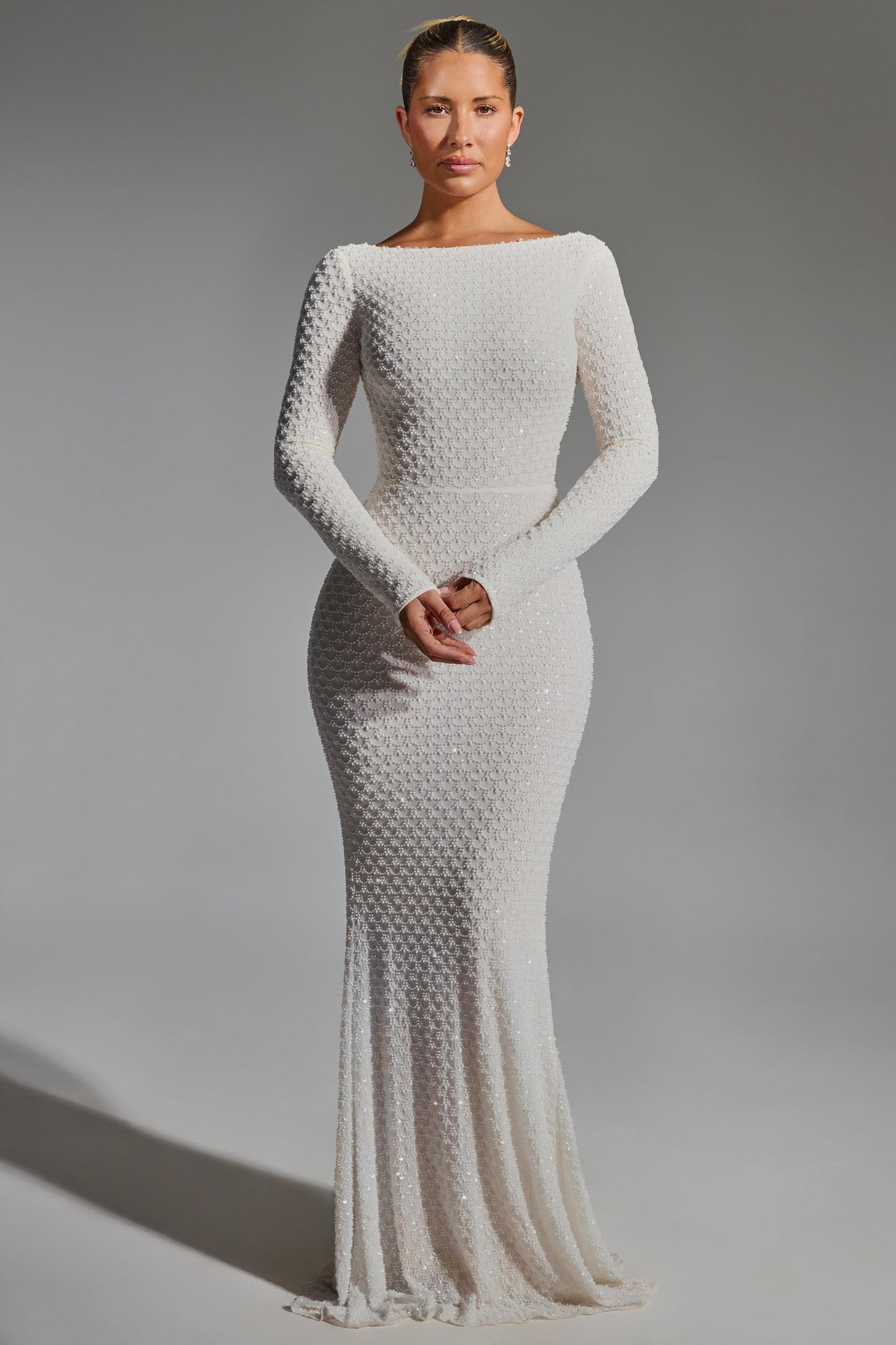 Embellished Open-Back Gown in White Product Image