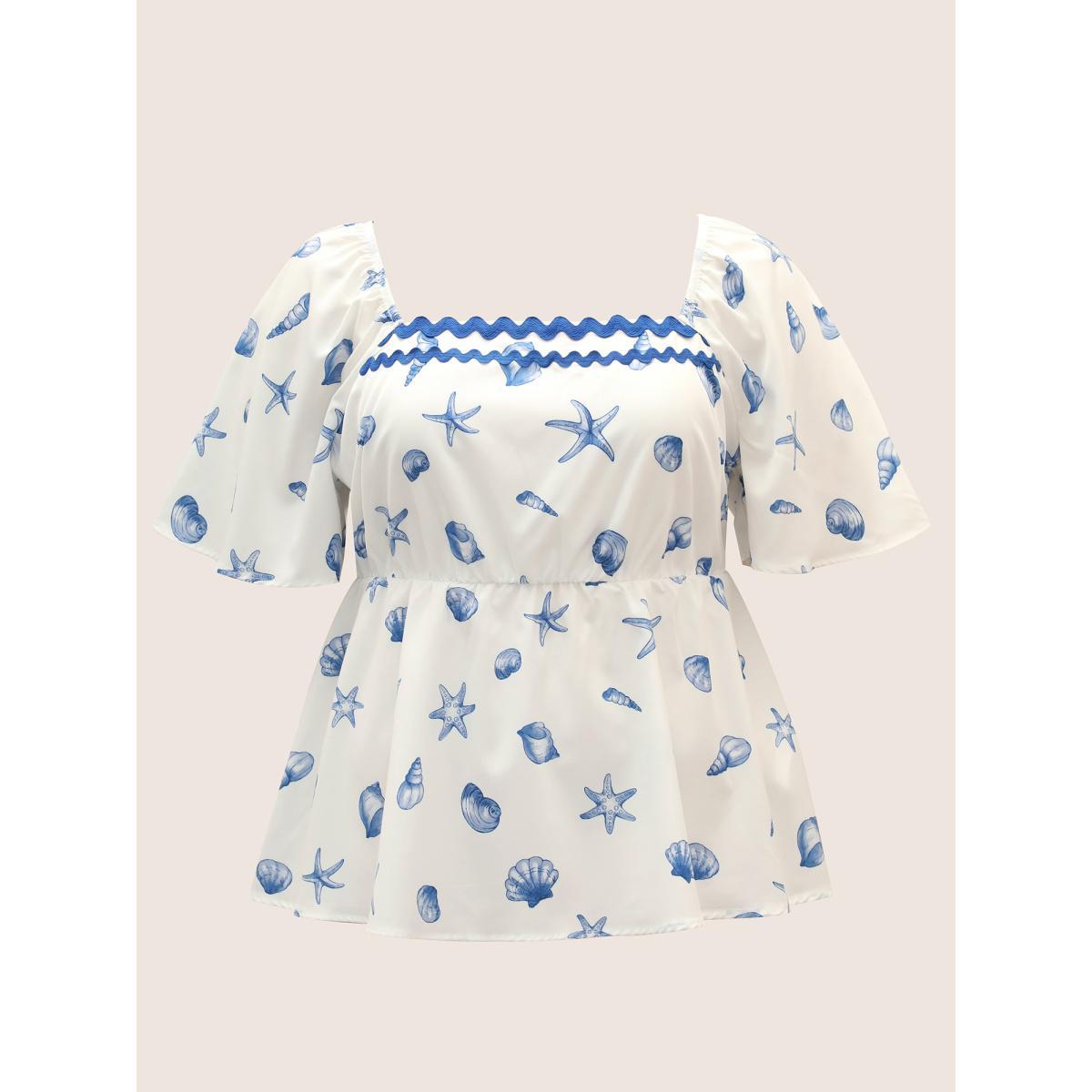 Plus Size Skyblue Square Neck Marine Elements Contrast Webbing Blouse Women Resort Half Sleeve Square Neck Vacation Blouses BloomChic 10/M Product Image