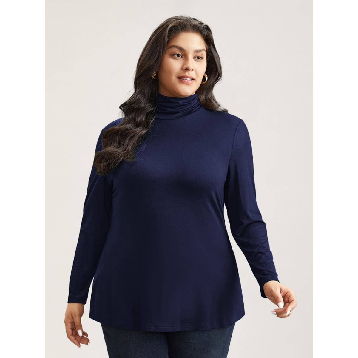 Plus Size Supersoft Essentials Solid Funnel Neck Knit T-shirt DarkGreen Women Leisure Plain Plain Ruffled collar Bodycon Casual T-shirts BloomChic 18-20/2X Product Image