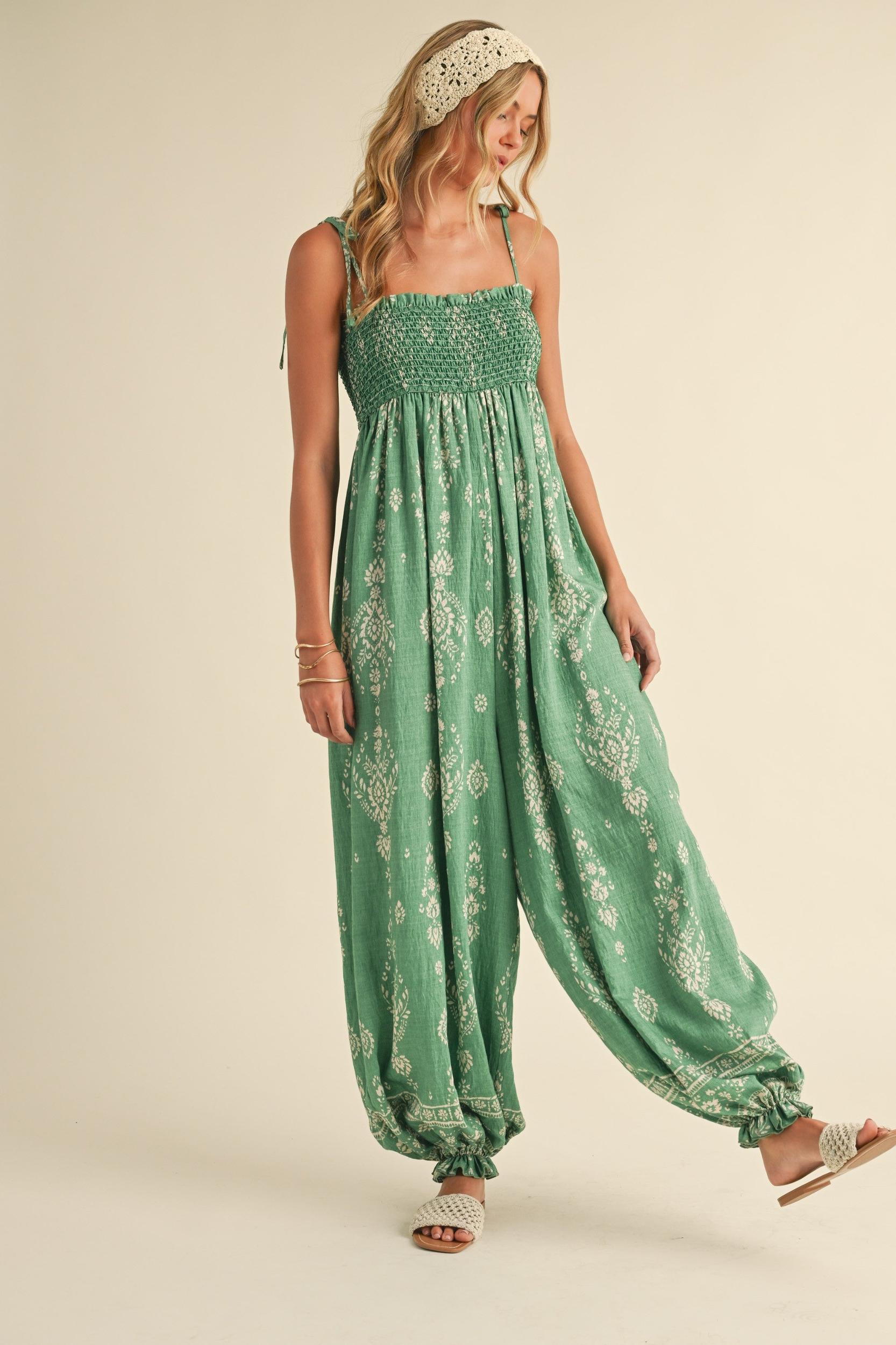 Smocked Strap Tie Wide Leg Boho Jumpsuit Product Image