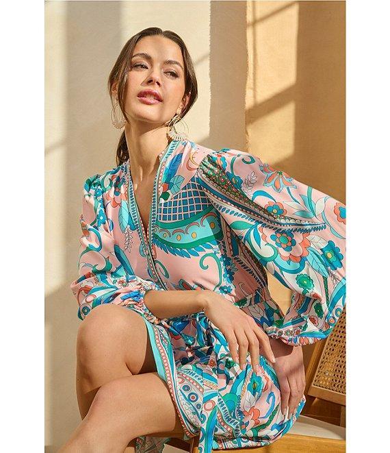 Adrianna by Adrianna Papell Abstract Printed Surplice V-Neck Long Sleeve Dress Product Image