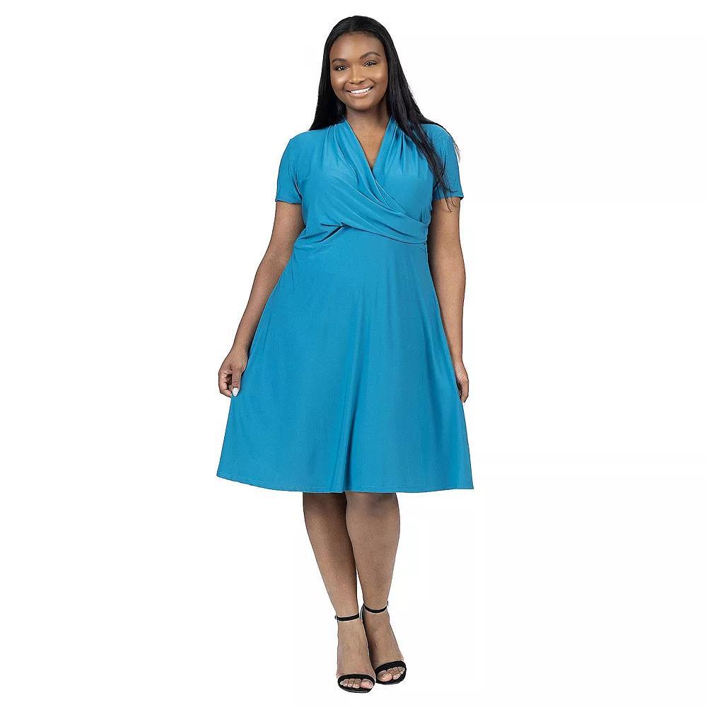 Plus Size 24Seven Comfort Apparel Print Short Sleeve Knee Length V Neck Rouched Wrap Dress, Women's, Size: 1XL, Blue Product Image