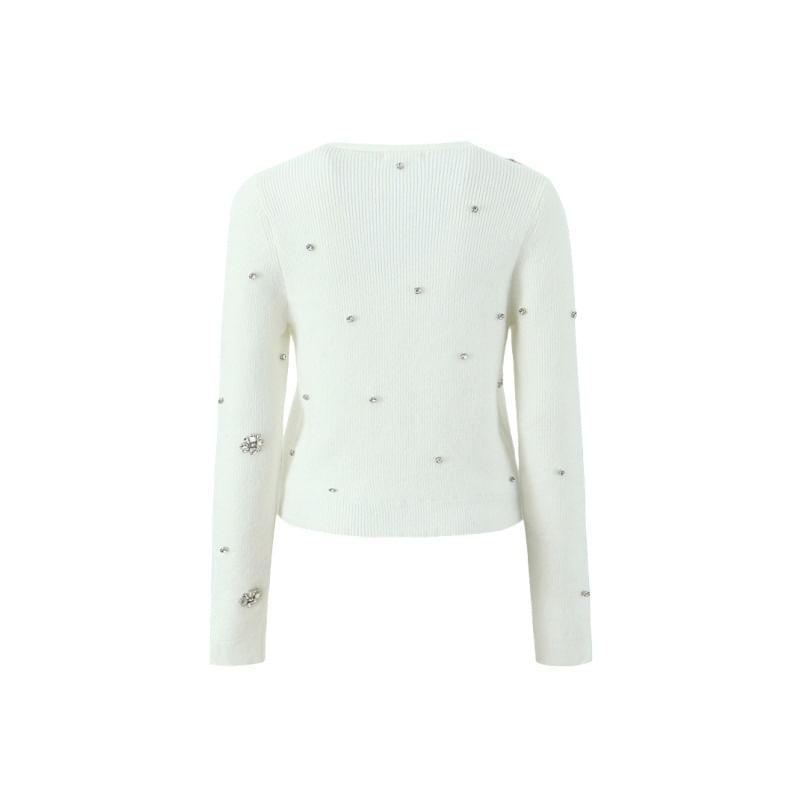 Long-Sleeve V-Neck Bowknot Rhinestone Crop Knit Top Product Image