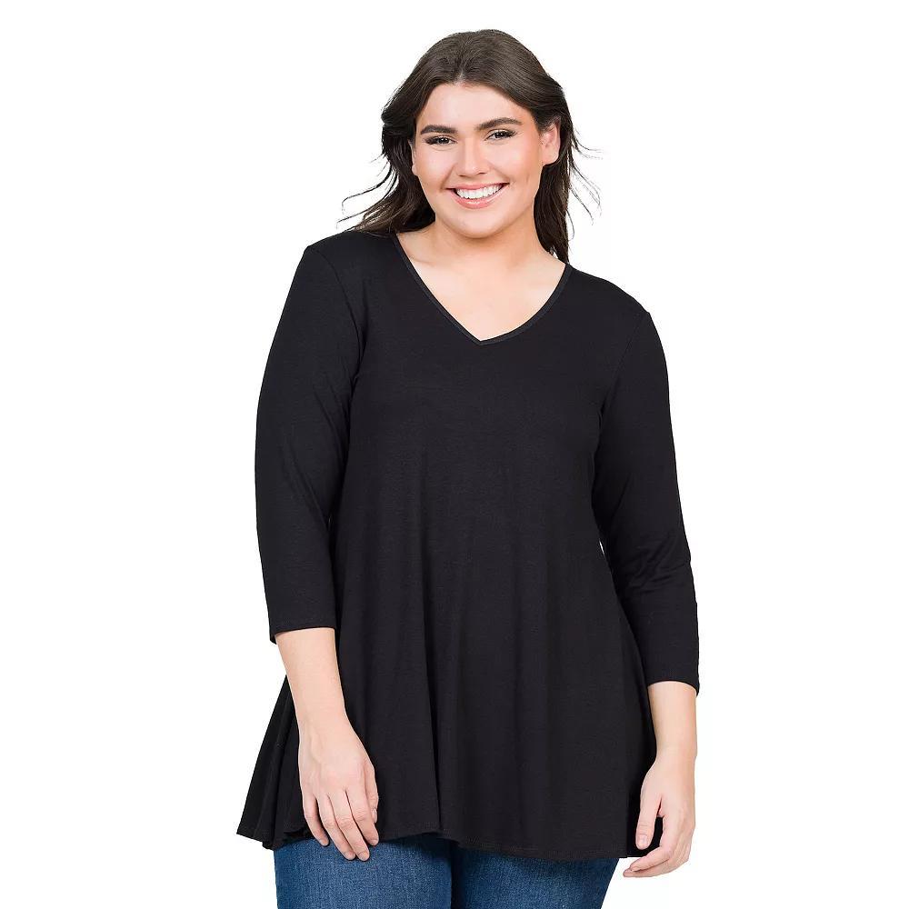 Plus Size 24Seven Comfort Apparel Quarter Sleeve V-Neck Tunic Top, Womens Green Product Image