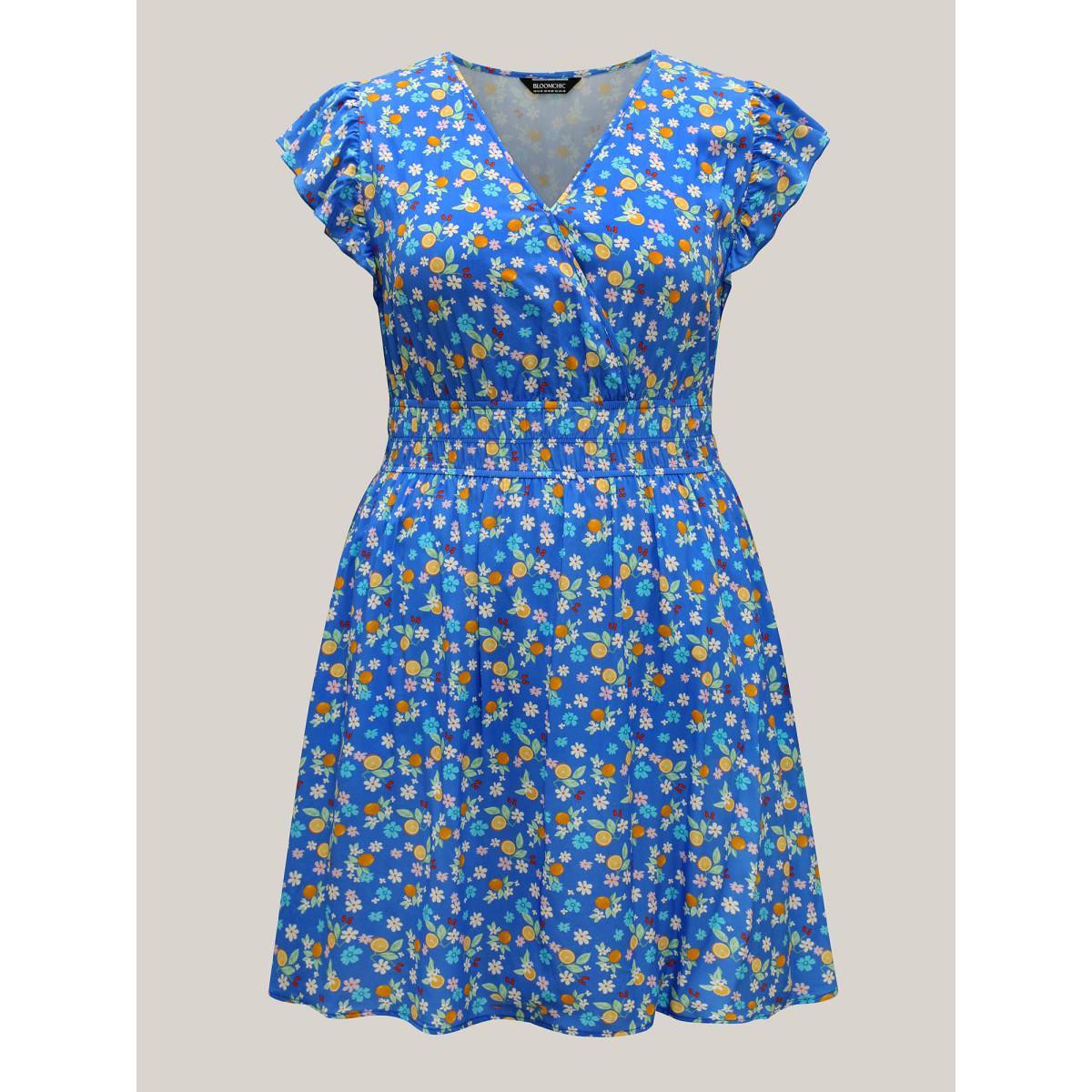 Plus Size Fruity Floral Stretchy Waist Midi Dress Skyblue Women Leisure Overlap Collar Cap Sleeve Curvy BloomChic 26/4X Product Image