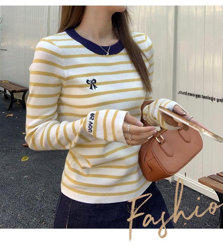 Long-Sleeve Round Neck Striped Bow Embroidered Contrast Trim Knit Top Product Image