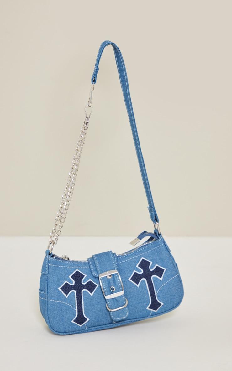 Denim Contrast Stitch Cross Applique Buckle Shoulder Bag Product Image