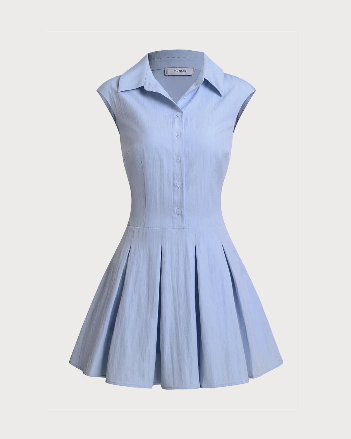 Blue Button A-Line Sleeveless Mini Dress Product Image