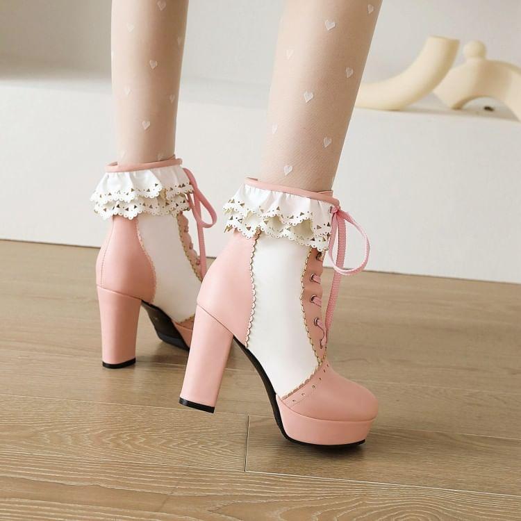 Block Heel Frill Trim Ankle Boots Product Image