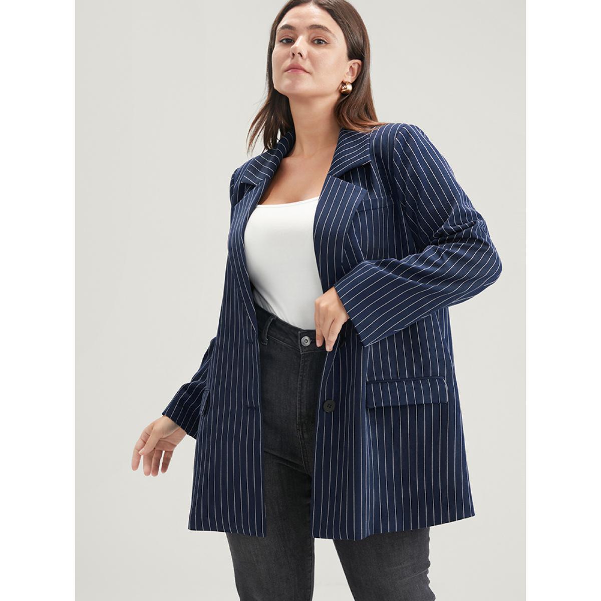Plus Size Striped Suit Collar Flap Pocket Button Up Blazer Without Belt DarkBlue Women Work Striped Pocket Sleeve Long Sleeve Suit Collar 22-24/3X Pocket Office Blazers BloomChic Product Image