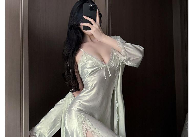 Floral Slit Lace Trim Slip Dress / Robe Product Image