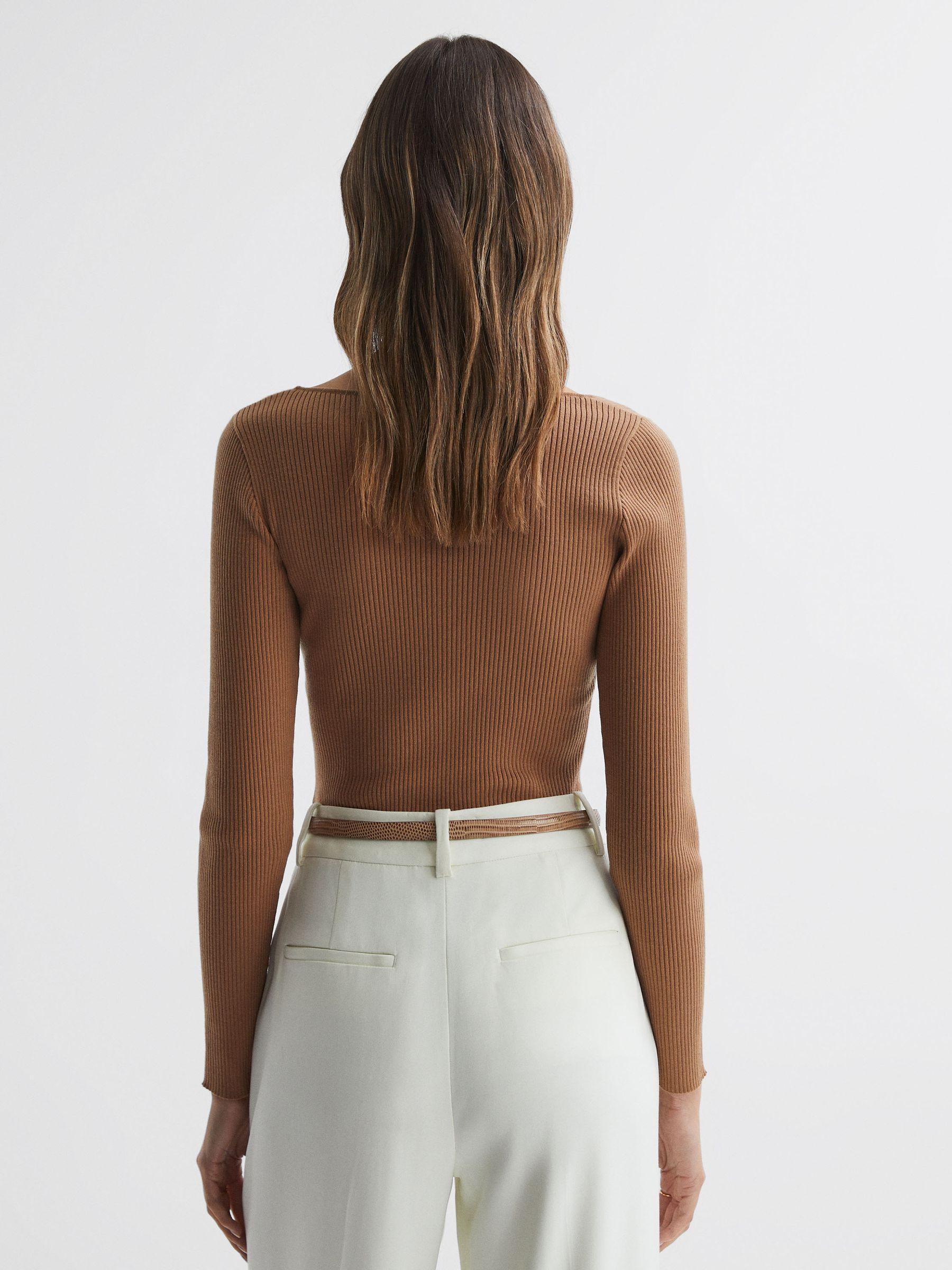 Fitted Ribbed Asymmetric Neck T-Shirt in Camel Product Image