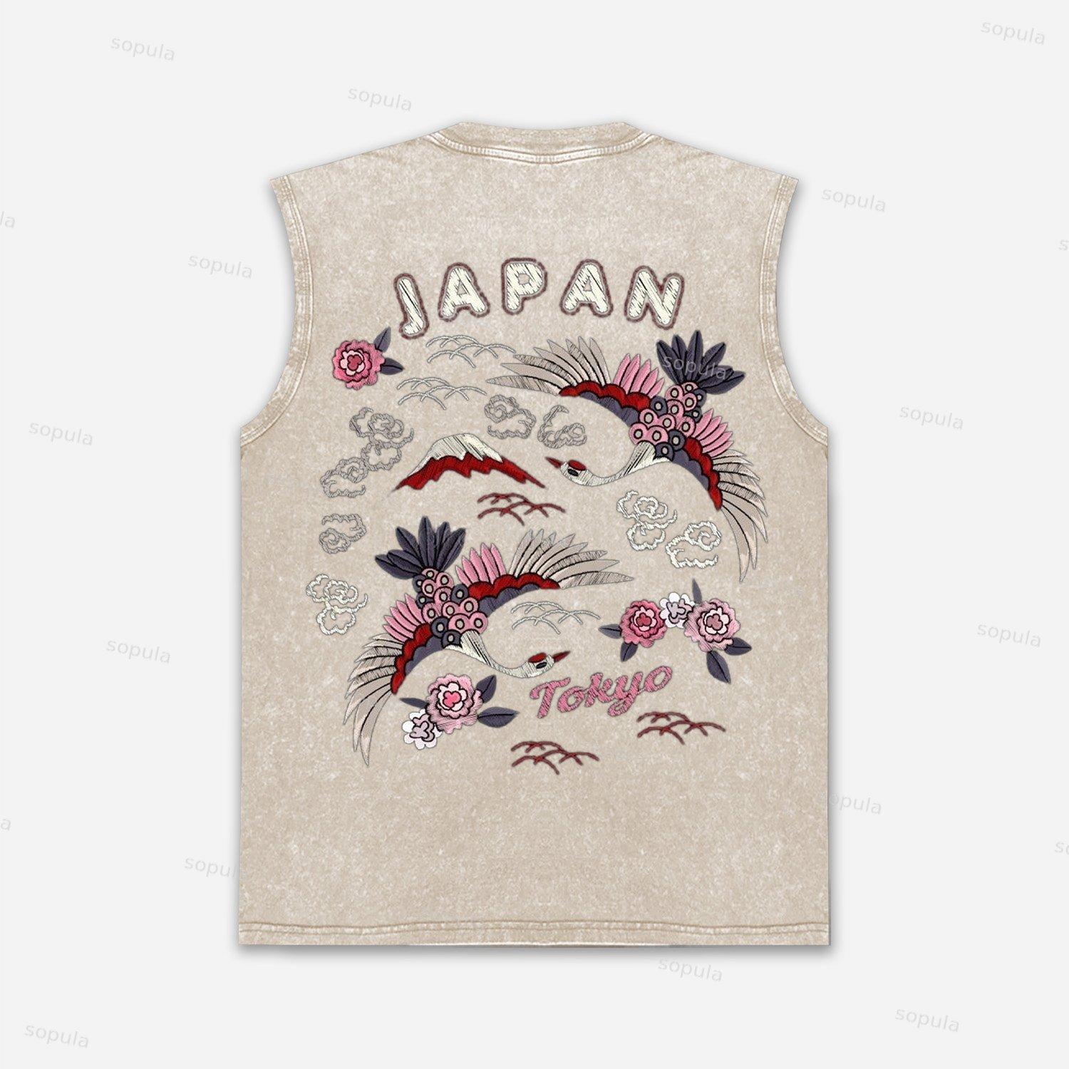 Vintage Sakura Crane Tokyo Graphic Acid Washed Tank Top Product Image