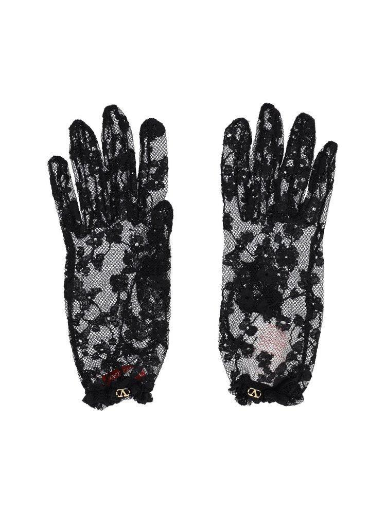 VALENTINO GARAVANI Valentino Vlogo Plaque Lace Gloves In Black Product Image