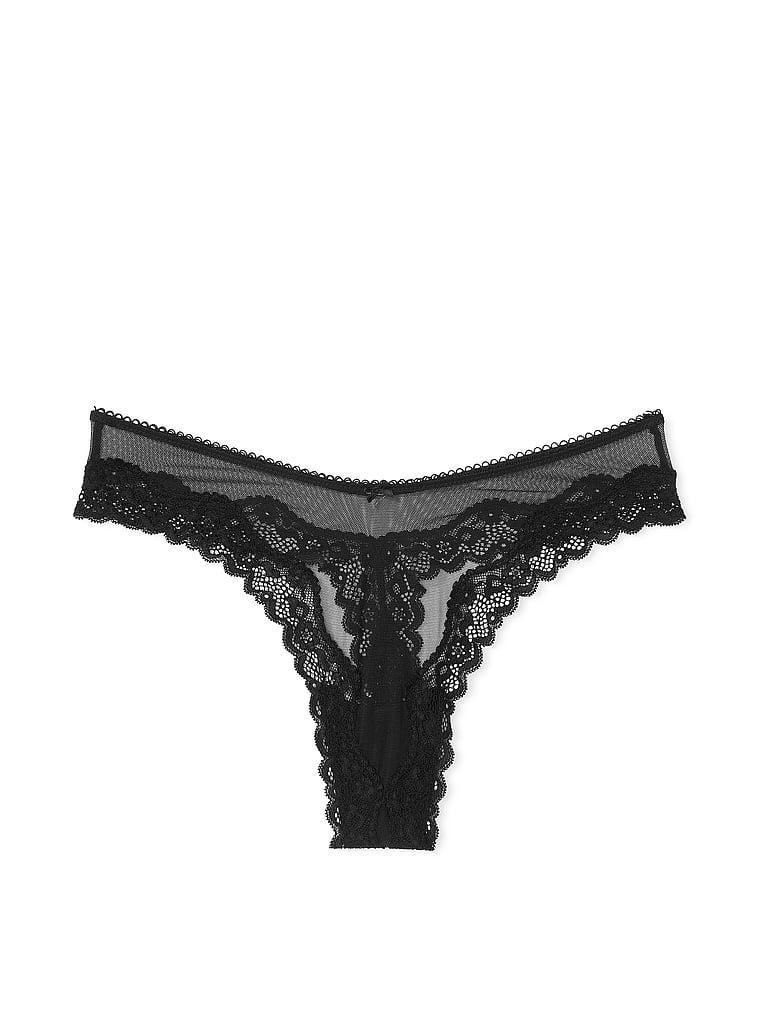 Tease Mesh Lace-Trim High-Leg Thong Panty Product Image