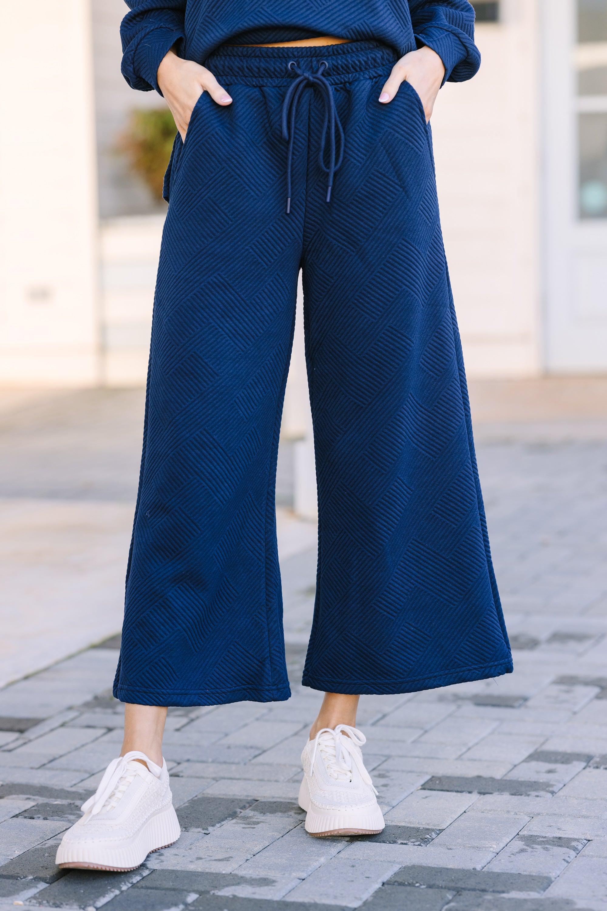 Make Your Day Navy Blue Textured Pants Female Product Image