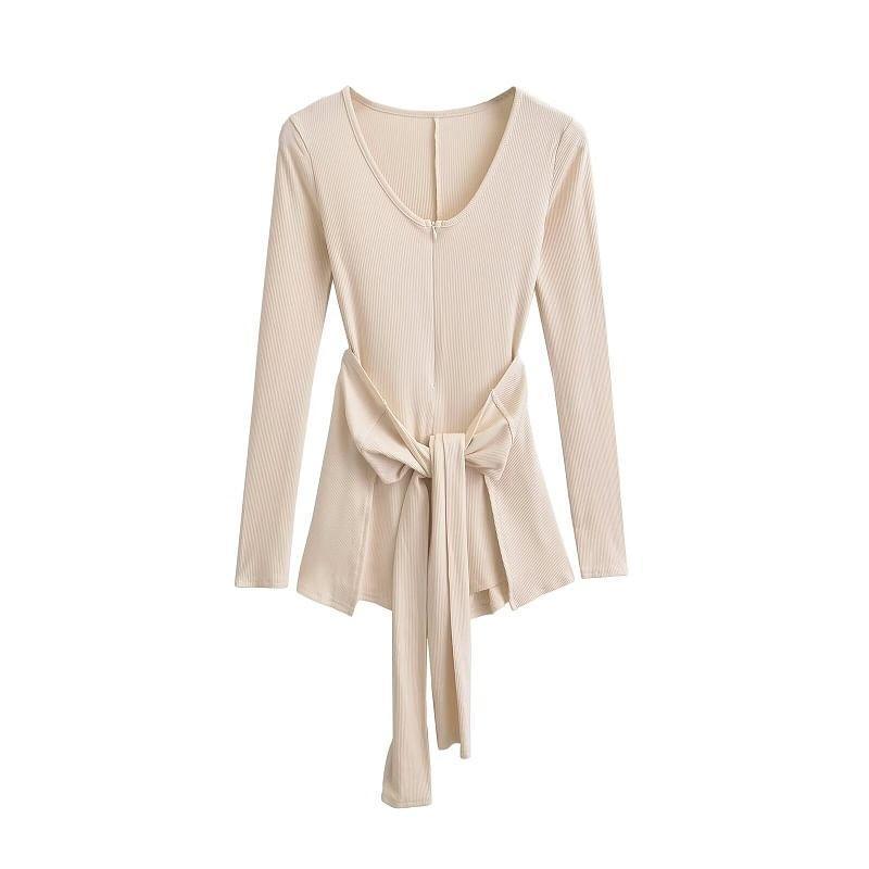 Set: Long Sleeve V-Neck Plain Zip Romper + Tie-Up Mini Skirt Product Image