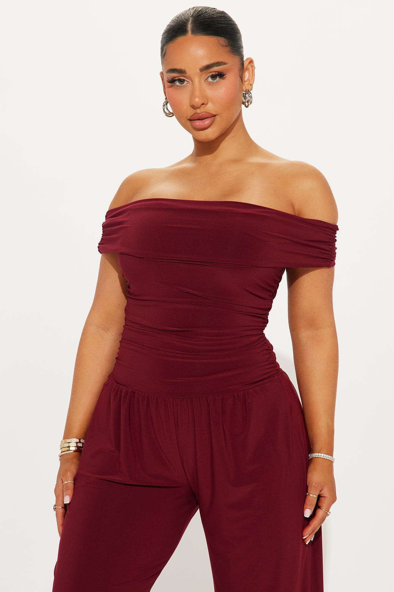 On To The Next Off Shoulder Jumpsuit - Burgundy Product Image