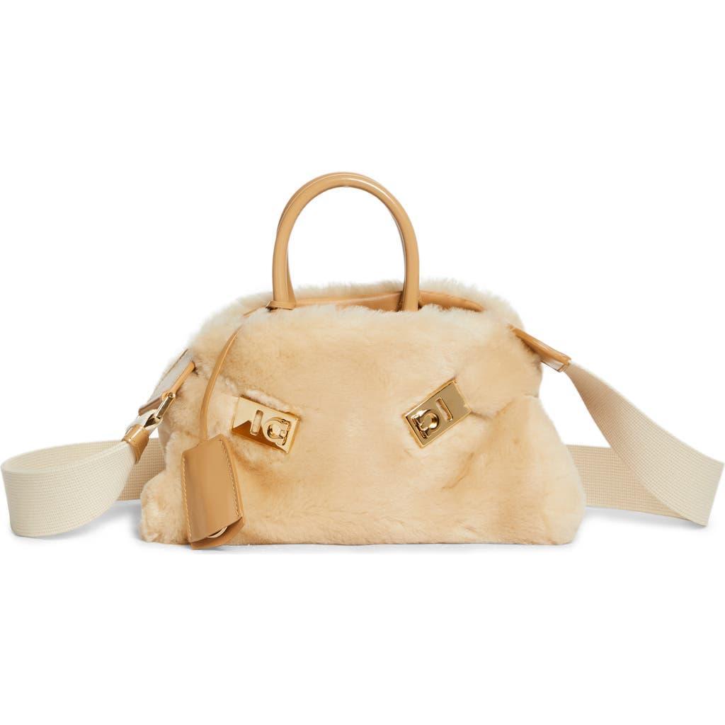 FERRAGAMO Hug Small Shearling Tote Bag In Naturale/camel Product Image