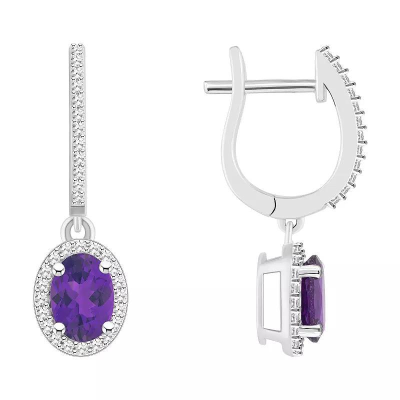 Celebration Gems Sterling Silver Oval-Cut Amethyst & 1/3 Carat T.W. Diamond Hoop Drop Earrings, Women's Product Image